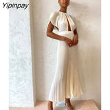 Yipinpay Hollow Out Pleated Dress For Women Fashion Flare Sleeve Backless A Line Dresses Spring O Neck Office Lady Solid Robe