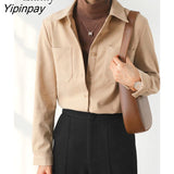 Yipinpay 2023 Winter Korean Style Long Sleeve Pocket Shirt Women Office Lady Button Up Tunic Blouse Fall Work Female Clothing Tops