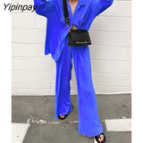 Yipinpay Shirt Suits Pleated Notched Single-Breasted Female Cardigan Two-Piece Loose Shirts and High-Waist Wide-Leg Pants Sets