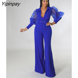 Yipinpay Solid V Neck Mesh Belt One Piece Wide Leg Pants Woman Long Sleeve Elegant Jumpsuit Playsuit Overalls Fall One Piece Outfit