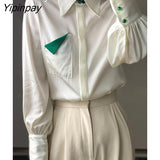 Yipinpay 2023 Autumn Fashion Long Sleeve Chiffon White Shirt Women Office Lady Button Up Pocket Blouse Work Female Clothing Tops