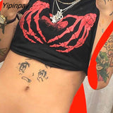 Yipinpay skeleton women's T-shirt Harajuku Y2K black sweet girl slim skull print fun vintage graphic clothes crop top E-girl