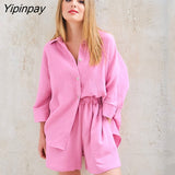Yipinpay Two Piece Shirt Set Women Loose Blouses Cardigan Tops And Shorts High Waist 2023 Spring Summer Baggy Shirts Outfits Sets