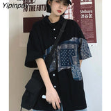 Yipinpay 2023 Summer Y2K Short Sleeve Oversize Shirt Women Street Style Patchwork Print Button Up Ladies Blouse Tunic Female Tops