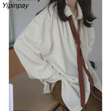 Yipinpay 2023 Spring Minimalist Long Sleeve Button Up Shirt Women Korean Style Solid Tie Oversize Shirts Blouse Loose Clothes Tops