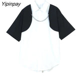 Yipinpay 2023 Summer Y2K Short Sleeve Chain Shirt Women Street Style Oversize Patchwork Button Ladies Tunic Blouse Female Clothing
