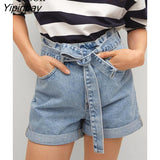 Yipinpay Cotton Curly Denim Shorts Women With Belts Pockets 2023 Summer Streetwear Blue Drawstring High Waisted Sexy Jean Shorts