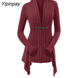 Yipinpay Knit Asymmetrical Long Cardigan Women Sweater Female Casual Solid V-Neck Long Sleeve Winter Cardigans