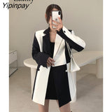 Yipinpay 2023 Autum Oversize Full Sleeve Women Long Blazer Office Lady black white Patchwork Suit Blazer Work Female Clothing Coat