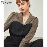 Yipinpay 2023 Spring Office Lady Long Sleeve Notched Neck Shirt Women France Style Patwork Button Black Shirts Work Blouse Clothes