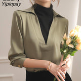 Yipinpay Spring Vintage Long Sleeve Corduroy Women Shirt Fake Two Pieces Turtleneck Thick Ladies Shirts Free Shipping Clothes Tops