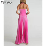 Yipinpay Pleated Halter Backless Tops And Pants 2 Piece Set Women Fashion Solid Wide Leg Trousers Suits 2023 Spring Chic Tracksuits