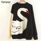 Yipinpay Winter Casual Black Swan Embroidery Women Loose Sweater Y2K Long Sleeve O Neck Patchowrk Knit Ladies Pullovers Fashion Tops