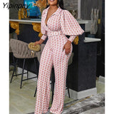 Yipinpay Women Fashion Print Lantern Sleeve Shirt Wide Leg Trouser Suits Elegant Slim Top High Waist Pants Set 2023 Summer Casual Outfits
