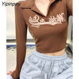 Yipinpay Women T-Shirts Crop Top Sexy 90s Letter Polo Graphic Tees Korean Fashion Harajuku Long Sleeve Tops Streetwear Aesthetic Clothing