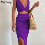Yipinpay Women Knit Vest And Skirt Suits Female High Waist Side Split Skinny Skirts Set 2023 Summer Solid Sexy Backless Camis Outfits
