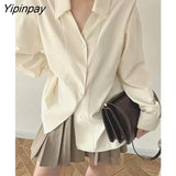 Yipinpay Minimalist Long Sleeve Button Up Shirt Women Korean Style Solid Oversize Shirts Blouse 2023 Autumn Loose Clothes Tops