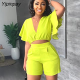 Yipinpay Lotus Leaf Sleeves Shirt Pants Suit Female V Neck Cropped Tops Short Pants 2 Piece Set Summer Girl Casual Club Outfits