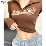 Yipinpay Women T-Shirts Crop Top Sexy 90s Letter Polo Graphic Tees Korean Fashion Harajuku Long Sleeve Tops Streetwear Aesthetic Clothing