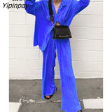 Yipinpay Piece Pleated Shirt Set Sexy Blouse Tops And Wide Leg Pants Women High Waist 2023 Autumn Long Sleeve Loose Outfits Pant Sets