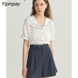 Yipinpay 2023 Summer French style Short Sleeve White Shirt Women Sailor Collar Solid Button Blouse Work Female Clothing Tops