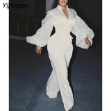 Yipinpay Women's Elegant Gauze Lantern Sleeve Bandage Tops Pants Two Piece Set 2023 Lady Fashion Backless Blouse Wide Leg Trousers Suits