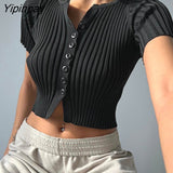 Yipinpay Women Knit Ribbed Crop Tops Sexy Button Up T Shirt 2023 New Summer Black White Cardigan Knitwear Basic Short Tees Bodycon Tops