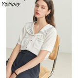 Yipinpay 2023 Summer French style Short Sleeve White Shirt Women Sailor Collar Solid Button Blouse Work Female Clothing Tops