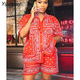 Yipinpay Print Tracksuit Women Short Sleeve Shirt And Shorts Two Piece Sets Female Fashion Outfits 2023 Single Breasted Top Suits