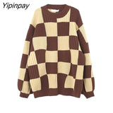 Yipinpay 2023 Winter Korean style Loose Plaid Sweater Women Casual Full Sleeve Oversize Long Knit Pullover Female Clothing Tops