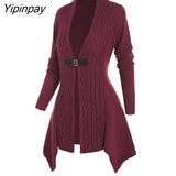Yipinpay Knit Asymmetrical Long Cardigan Women Sweater Female Casual Solid V-Neck Long Sleeve Winter Cardigans