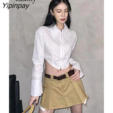 Yipinpay 2023 Spring Streetwear Long Sleeve Shirt Women Sexy Solid Turn Down Collar Zipper Crop Tops Blouse Party Female Clothing