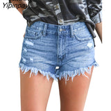 Yipinpay Cotton Tassel Jean Shorts Women High Waist Bottoms Sexy Rave Jean Short Button Pockets Streetwear Black Blue Denim Shorts