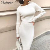 Yipinpay Sexy Knit Two Piece Sweater Set Women High Waist Long Skirt And Tops Autumn Winter Knitted Sweaters Outfits Skirts Sets