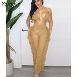Yipinpay Summer Tassel Feather Women 2 Sets Sexy V Neck Bra Top And Hollow Out Pants Set Female Fashion Beach Party Outfits