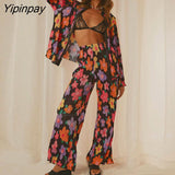 Yipinpay Pleated Printed Suit Women Long Sleeve V Neck Blouse And High Waist Pants Two Piece Sets Female Elegant Trousers Outfits
