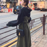 Yipinpay Patchwork Women Fake two pieces Long Dress 2023 Spring Fashion Loose Hoode Long Sleeve Plus Size Y2K Ladies Dresses