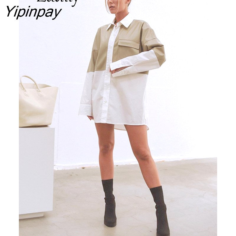 Yipinpay 2023 Spring New Patchwork Full Sleeve Pu Women White Long Shirt Streetwear Oversize Button Woman Tunic Blouse Female Tops