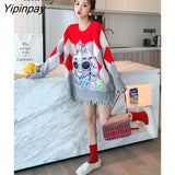 Yipinpay 2023 Winter Sweet Cat Print Full Sleeve Long Sweater Women Korean Style Frayed O Neck Laides Knit Pullover Female Tops