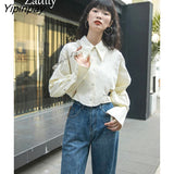 Yipinpay 2023 Spring New Streetwear Long Sleeve Women Shirt Korea Style Hollow Out Button Up Woman Crop Tops Blouse Party Clothing