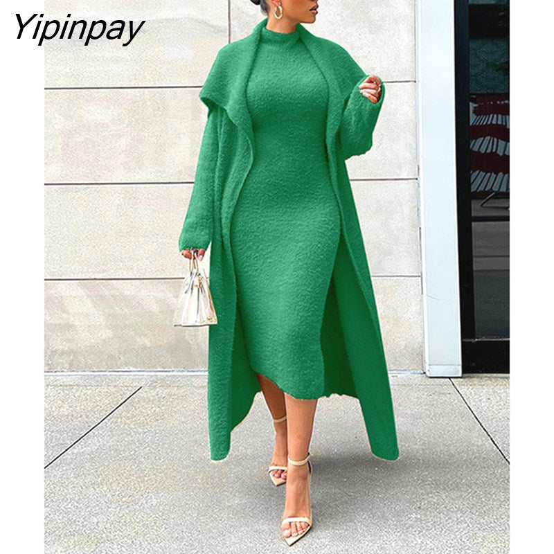 Yipinpay Women's Flannel Velvet Bodycon Midi Dress Long Cardigan Coat Matching Set Vintage Open Stitch Lapel Collar Long Sleeve Cardigan