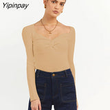 Yipinpay Knit Ribbed T Shirt Women Ruched Corset Top Autumn Long Sleeve V Neck Basic Tees Sexy Bodycon Tshirt Knitted Tops