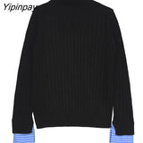 Yipinpay 2023 Winter Minmalist Fake Two Pieces Turleneck Sweater Women Korean Style Long Sleeve Ladies Knit Pullovers Female Tops