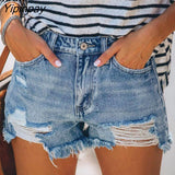Yipinpay Ripped Skinny Jean Shorts With Tassel Women Mid Waist Summer Streetwear Pockets Distressed Washed Blue Hole Denim Shorts