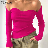 Yipinpay Sexy Off Shoulder Knit Corset Tops Women Ribbed T Shirt Long Sleeve Black White Basic Tees Tshirt Streetwear Bodycon Tops