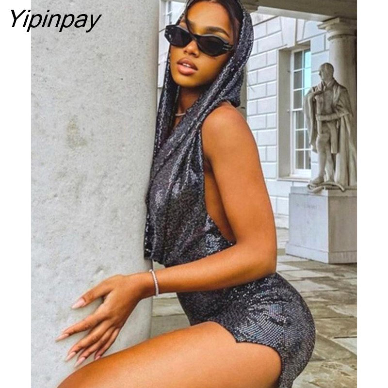 Yipinpay Sequin Hooded Backless Halter Dress For Women Fashion Solid Sleeveless Slit Mini Dresses 2023 High Street Swing Collar Robe