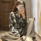 Yipinpay Spring Streetwear Marble Printing Women Blouse Shirt Loose Button Up Long Women Shirts Y2K Fashion Oversize Female Clothing