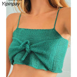 Yipinpay Sexy Drawstring Knitted Short Camis Women Corset Crop Top Summer Camis Streetwear Basic Vest Green Knitting Bodycon Tops