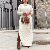 Yipinpay Women Thick Warm Side Slit Maxi Knit Dress Female Elegant  Long Sleeve Turtleneck Sweater Dresses 2023 Spring Solid Ribbed Robe