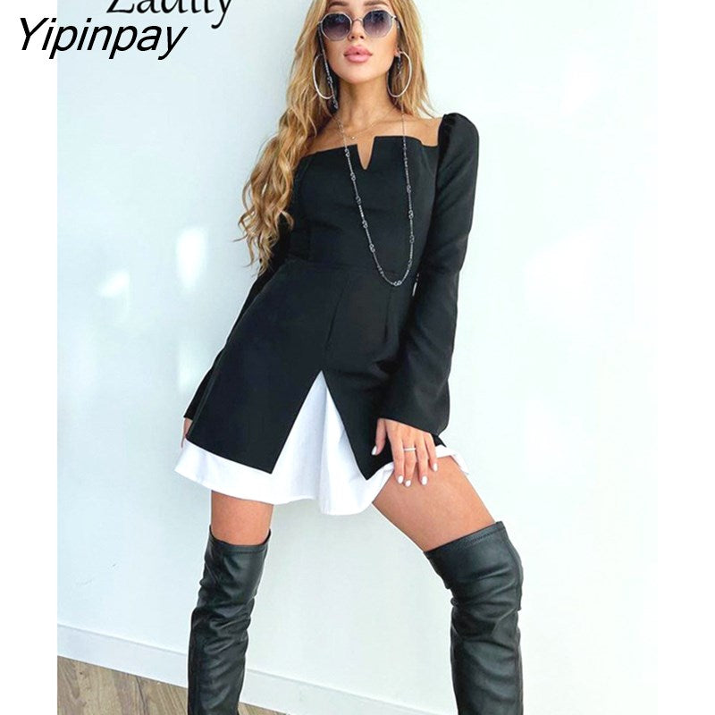 Yipinpay 2023 Spring Minimalist Long Puff Sleeve Women Black Mini Dress Korea Style Fake Two Pieces Fashion Party Woman Dresses